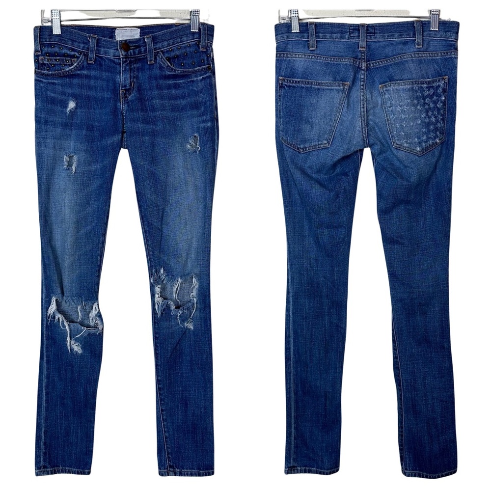 Current/Elliott Distressed Destroyed Mid Rise The Skinny Medium Wash Jeans 25